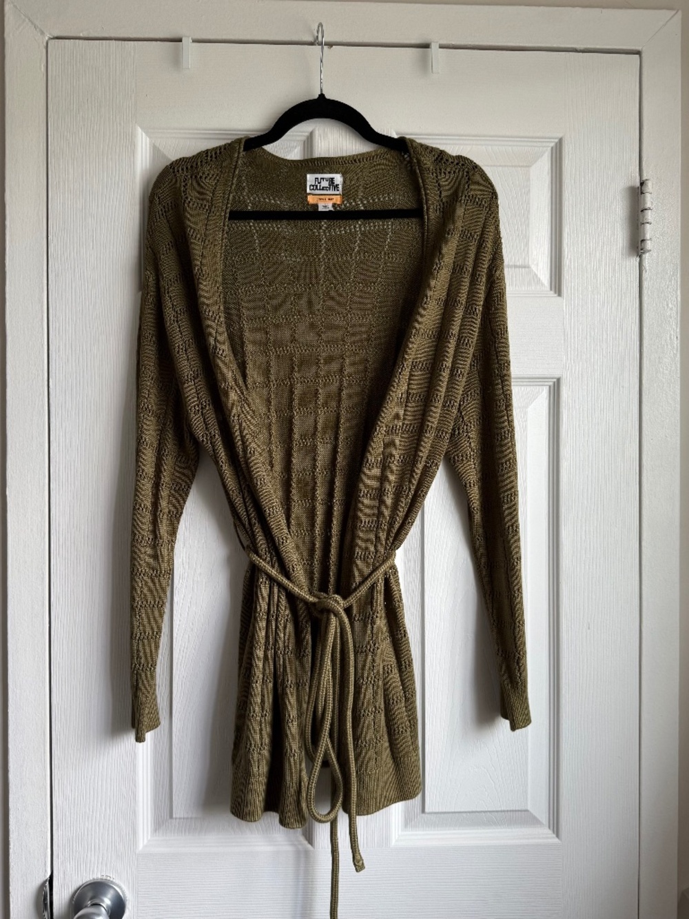 Future Collective Olive Green Pointelle Knit Belted Cardigan Sweater Size S